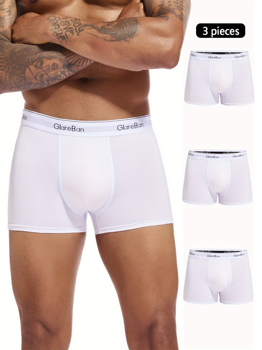 Set of 3 men's white boxer briefs made with breathable polyester blend, elastic waistband, and non-see-through fabric for comfortable casual wear.