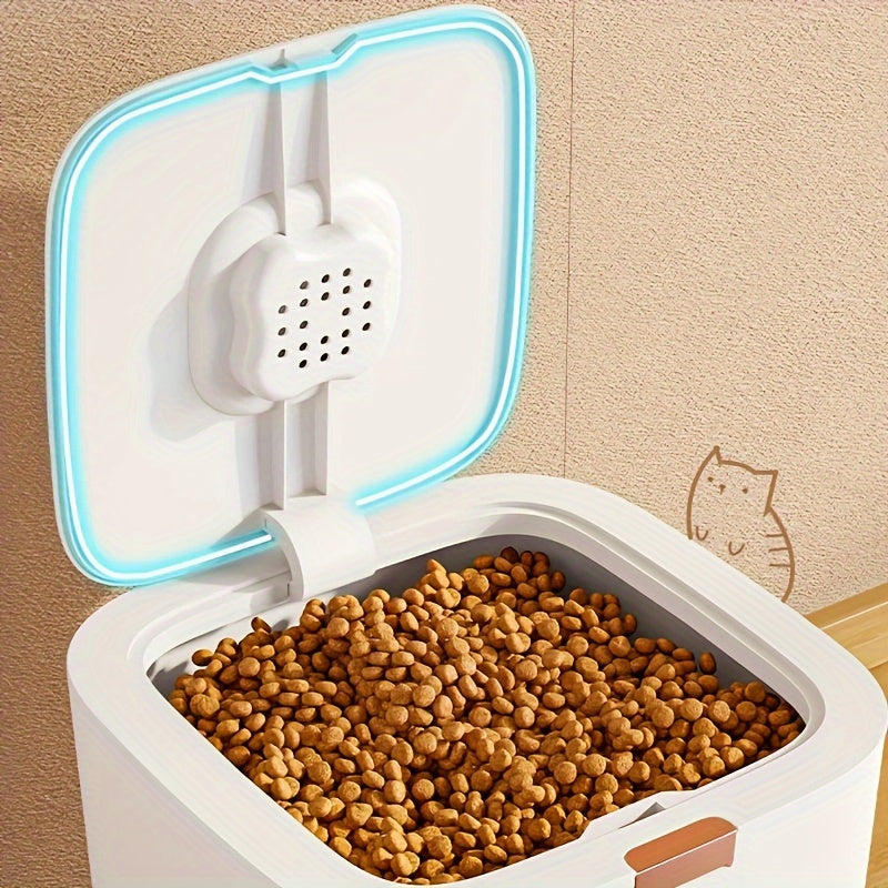 Airtight pet food storage container with flip lid in plastic, comes in 4.99kg and 9.98kg options. Large capacity, rectangle shape for dog and cat dry food. Easy to clean, durable seal keeps