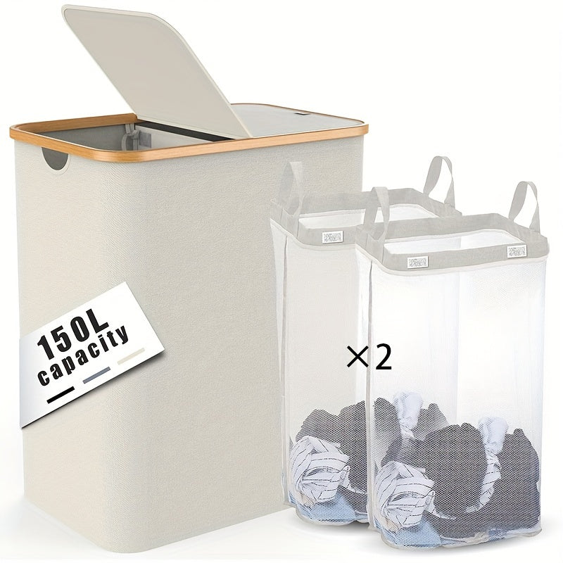 Large laundry hamper with lid and 2 detachable bags, perfect for organizing dirty clothes in laundry rooms, bathrooms, and dormitories. This foldable storage basket is a must-have for home organization and back-to-school supplies.