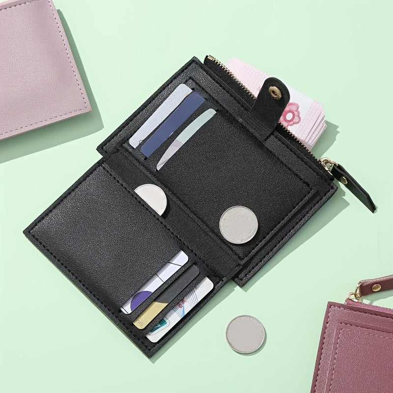 Slim short wallet for women with zipper closure, bifold design, credit card slots, coin purse, and solid color.