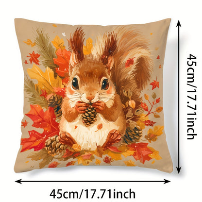 Autumnal squirrel pillow cover with sunflower and maple leaf design, suitable for home decor, 44.96cm x 44.96cm, no pillow insert included.