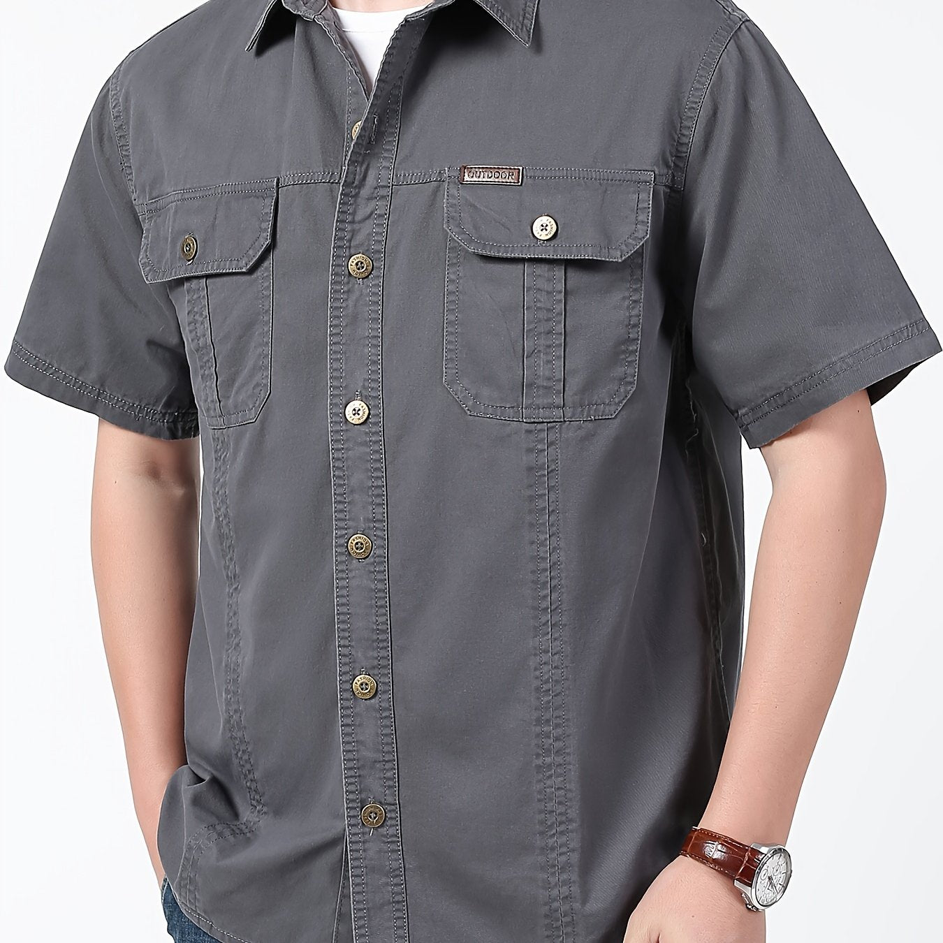 Men's summer casual cotton cargo shirt with solid color, short sleeve, regular fit, lapel collar, double pocket, non-stretch woven fabric, 170gsm - perfect for weekend casual wear.