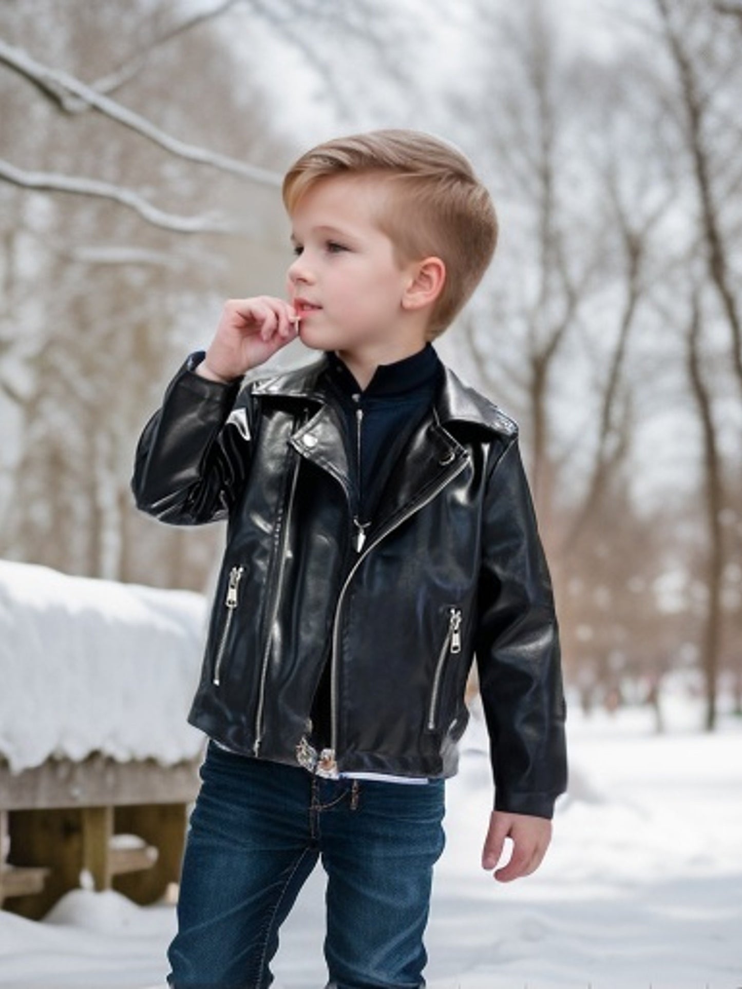 Stylish boys' motorcycle-inspired black jacket with zippered pockets, button closure, and belt detail for spring/fall.