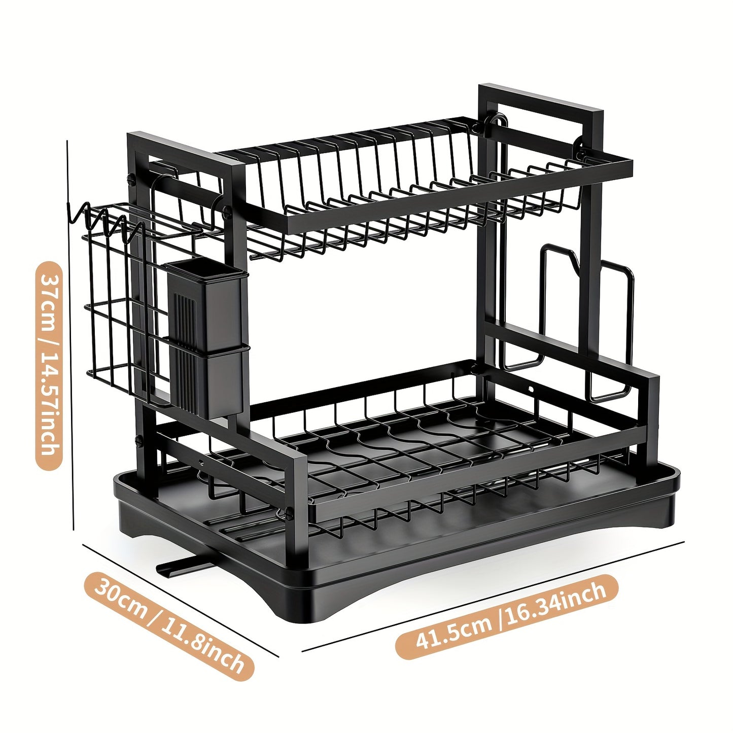 1pc 2 Tier Dish Draining Rack with Cutlery Holder, Anti-rust Black Metal, Suitable for Apartment Kitchen Counter Storage Box