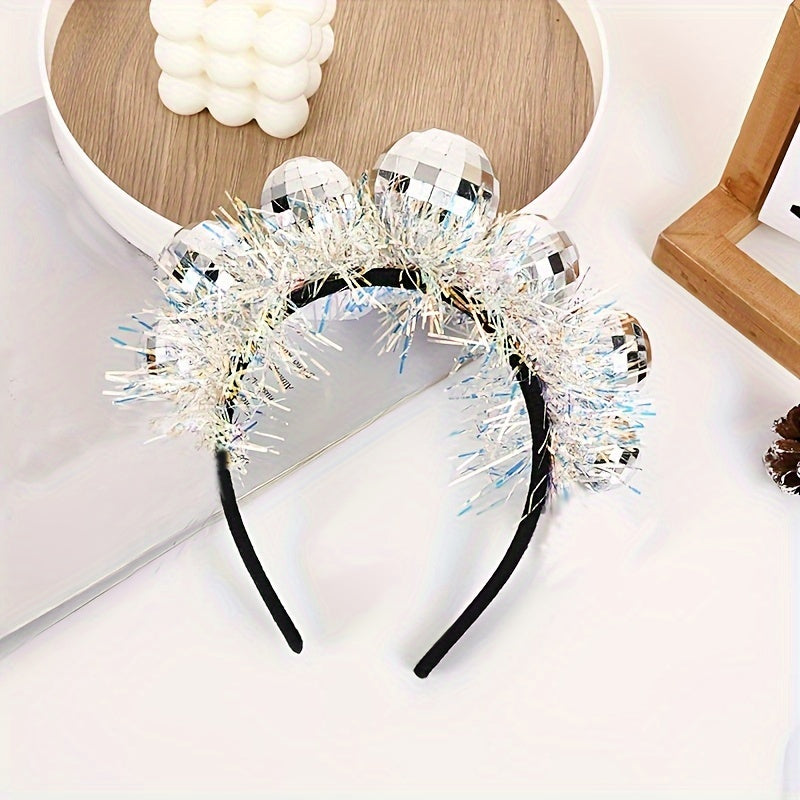 Headwear for Christmas and New Year Festival. Disco ball shaped hoop with glitter for a creative party look.