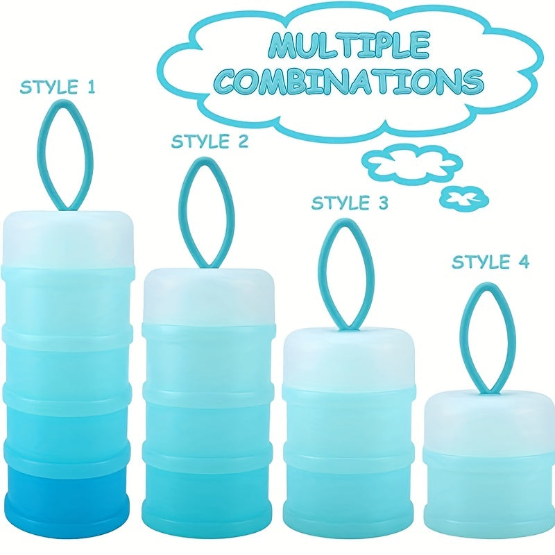 Portable formula dispenser for baby milk powder, convenient for on-the-go use. This stackable container is perfect for travel and is designed to prevent spills. It is also BPA free, ensuring safe storage for your baby's snacks.