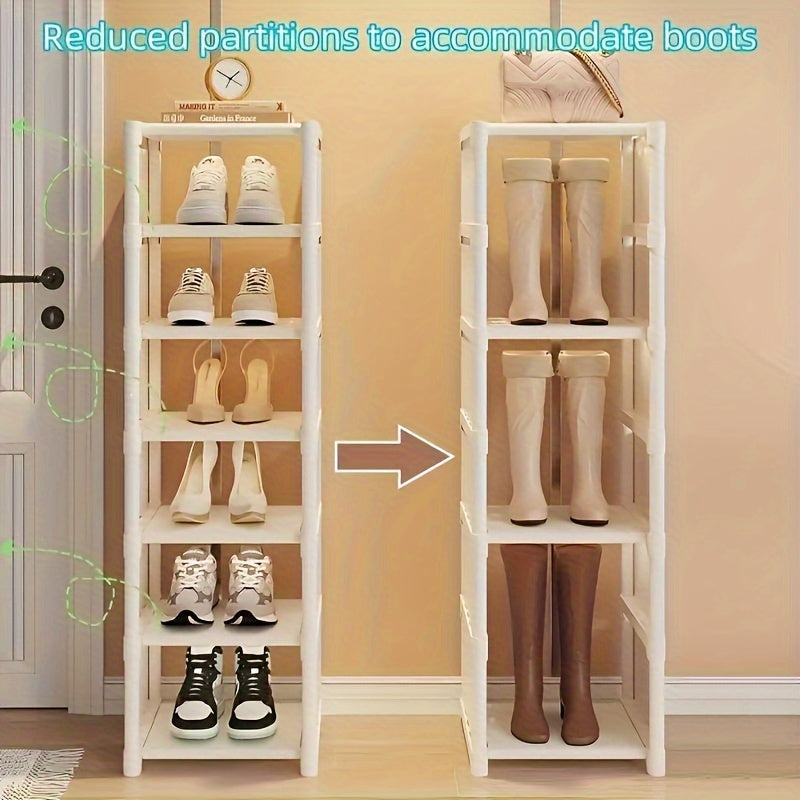 Tall narrow shoe rack designed for front door or closet entrance, made of durable metal with 7 shelves to store 4-7 pairs of shoes or boots. Stackable design saves space.