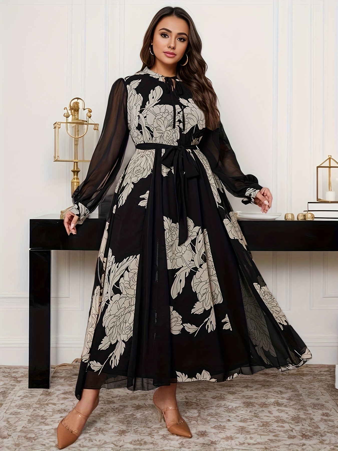 Plus size chiffon dress with floral print, lantern sleeves, A-line silhouette, tie waist detail, and mid-length, made of polyester for spring/autumn wear.