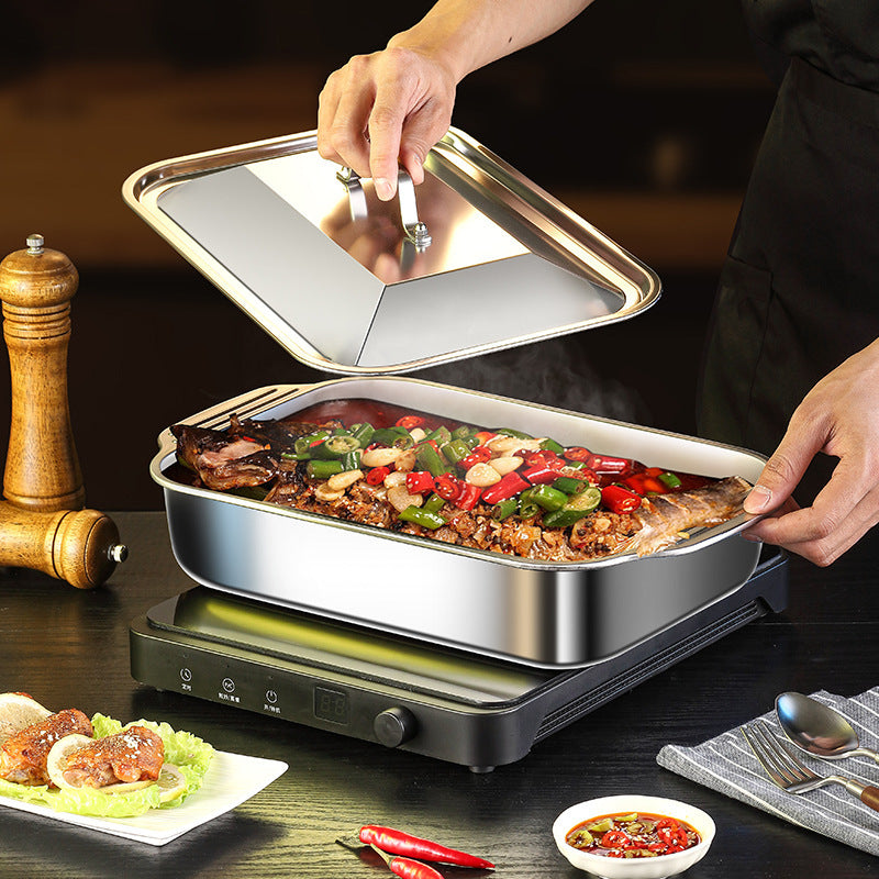 Large heavy-duty stainless steel baking pan with lid for desserts, bread, and seafood - ideal for BBQs, buffets, and holidays.