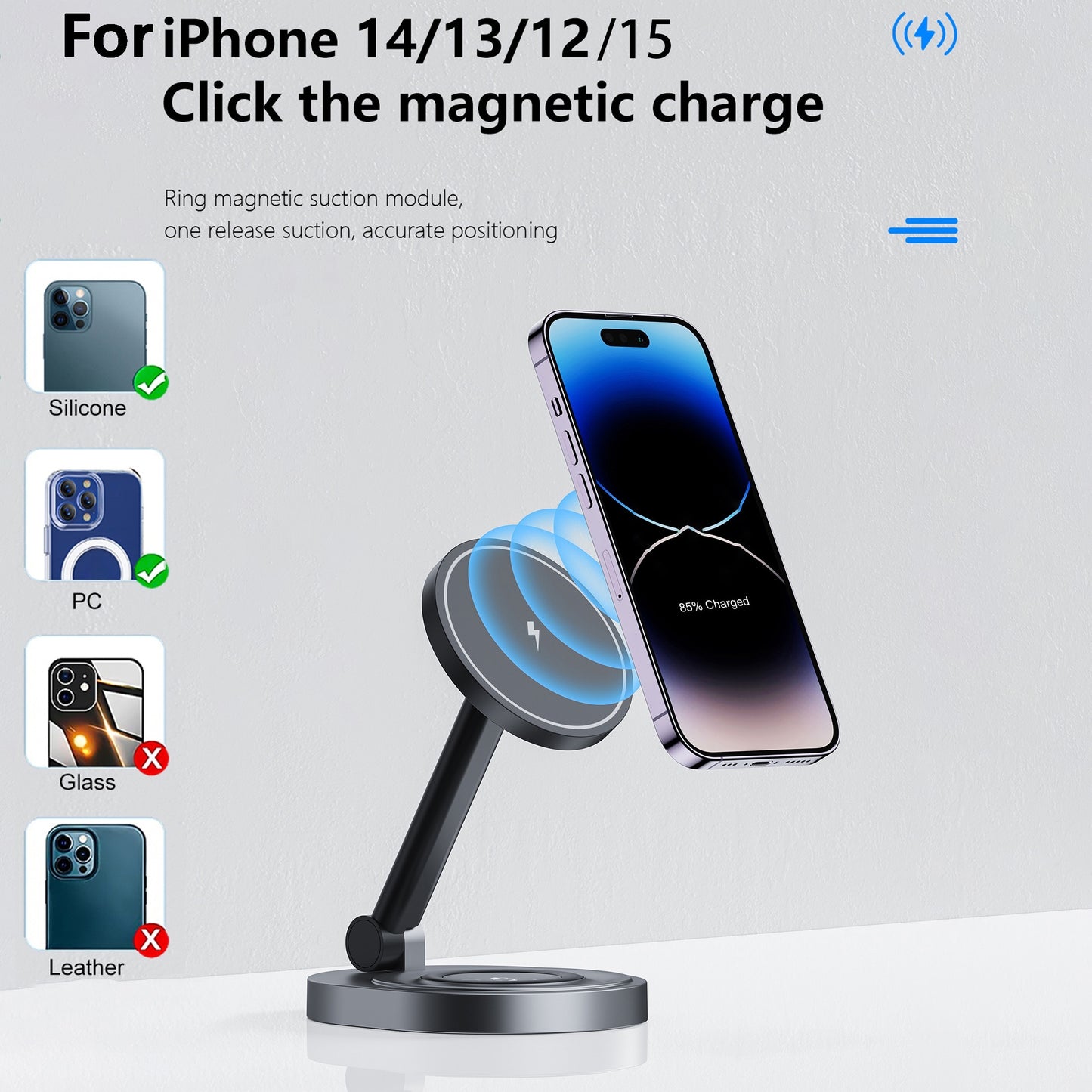 2in1 Fast Magnetic Wireless Charger Stand for iPhone and AirPods, compatible with multiple devices.