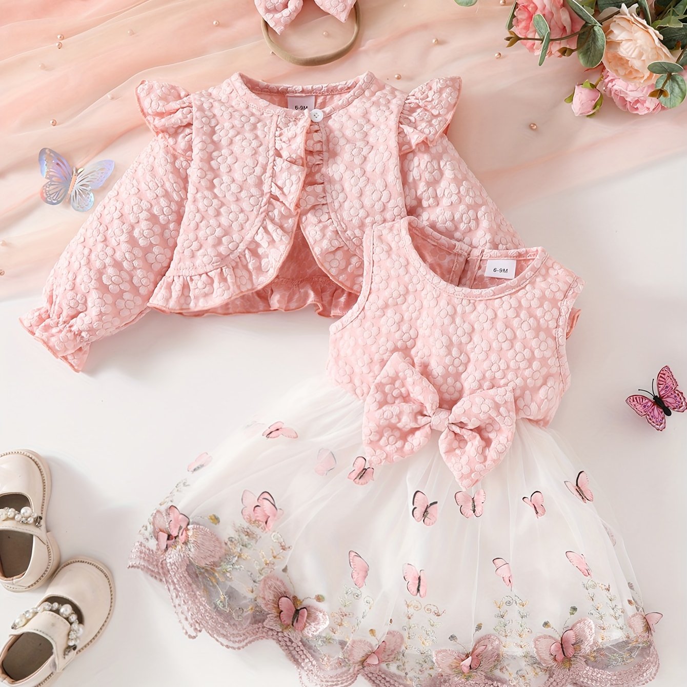 Girls' casual butterfly pattern long sleeve crop top with bow headband, tulle dress set, non-stretch fabric, regular fit, pullover style for fall/winter, ideal for outdoor wear.