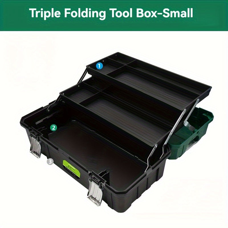 TUOSEN 16-inch Triple-Layer Folding Toolbox - Waterproof Plastic Organizer for Electricians & Carpenters with Multi-Compartment Storage.