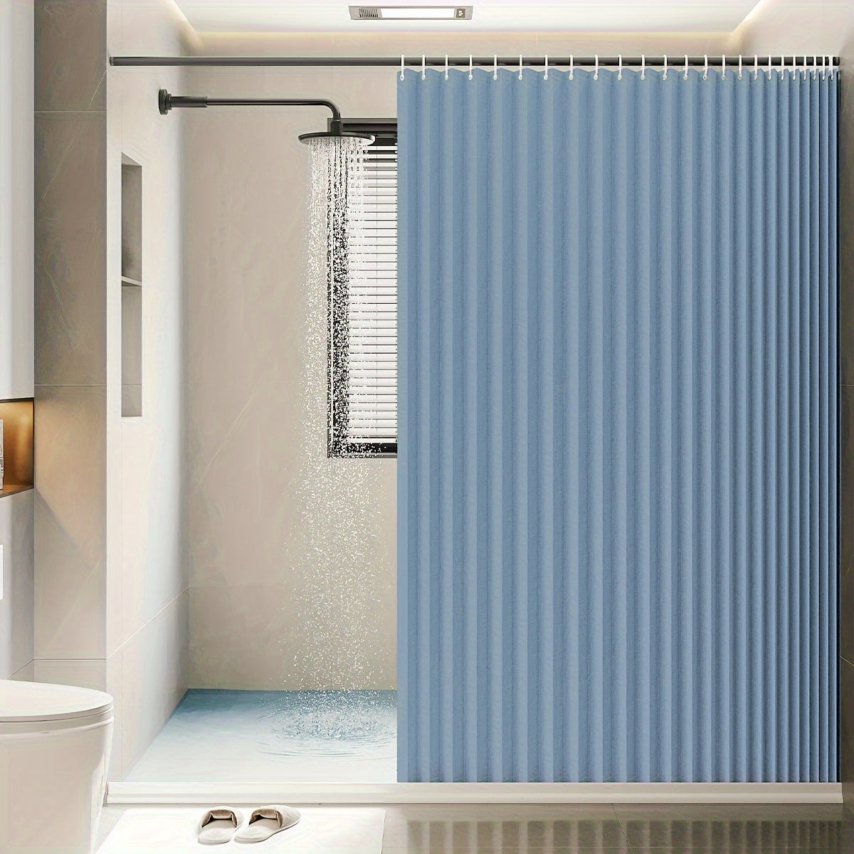 1pc Simple and Stylish Folding Shower Curtain, White Blue, Moisture-Resistant, 180.34cm*180.34cm/199.9cm