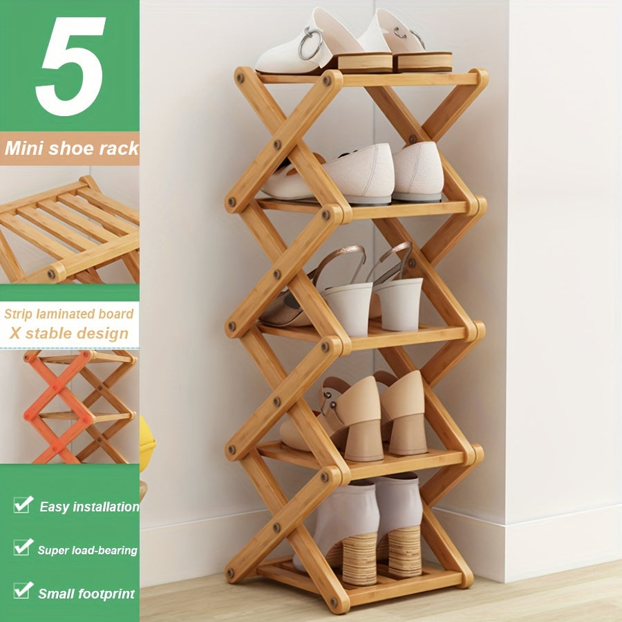 Bamboo Shoe Rack with Cross Design, Multi-layer Storage for Indoor Spaces such as Bedrooms, Dormitories, and Houses. Ideal for entryways to save space with its compact size.