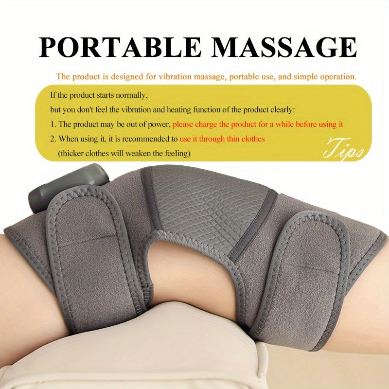 Adjustable heat and vibration knee and leg massager, rechargeable via USB, suitable for multiple body parts.