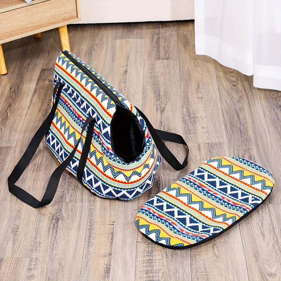 Washable, portable cat carrier bag in multi-colored design, perfect for small to medium cats. Features zippered closure and disassembled for easy litter outings.