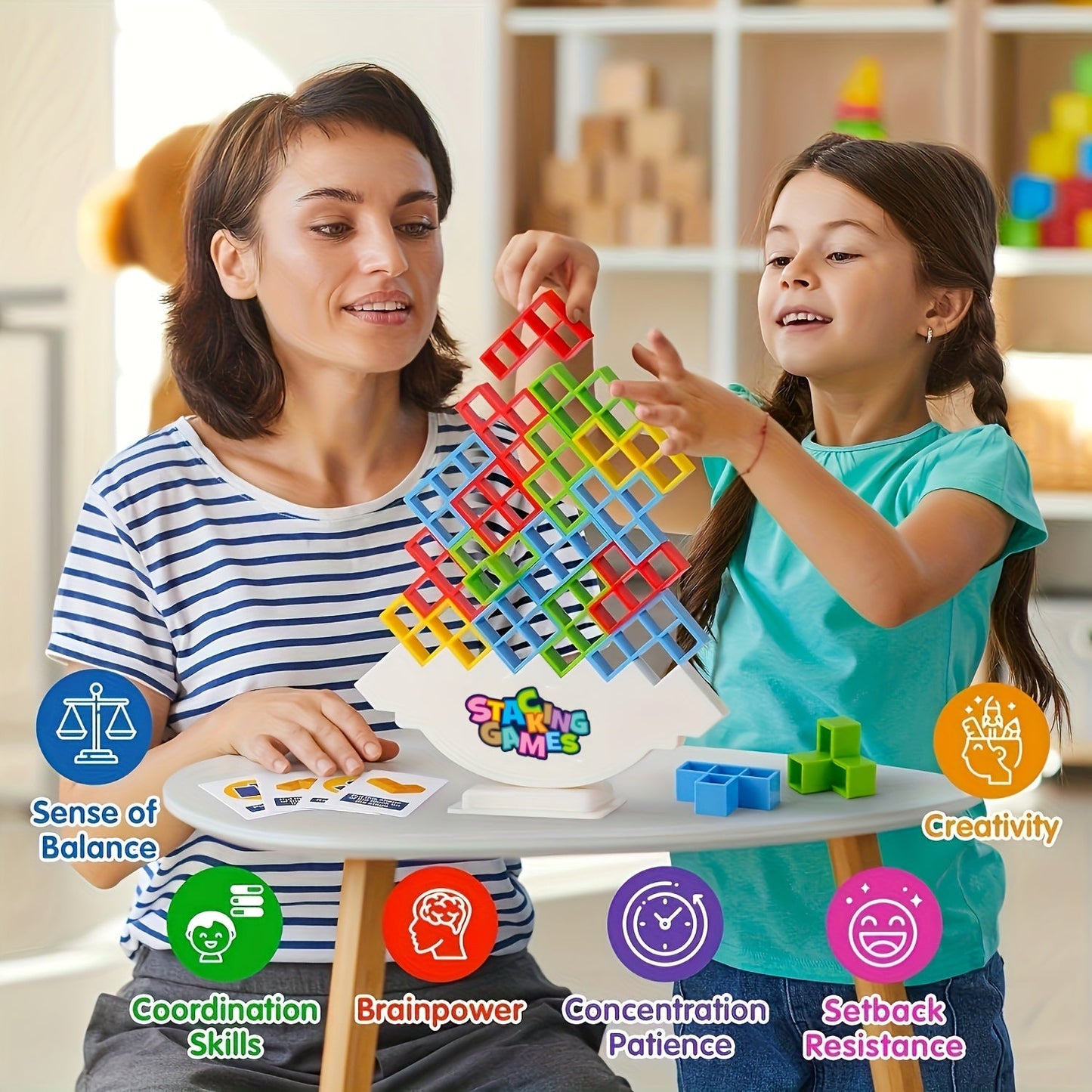 Wooden Block Stacking Game, Ideal for Family Game Nights and Kids' Parties, Strategic Tabletop Fun