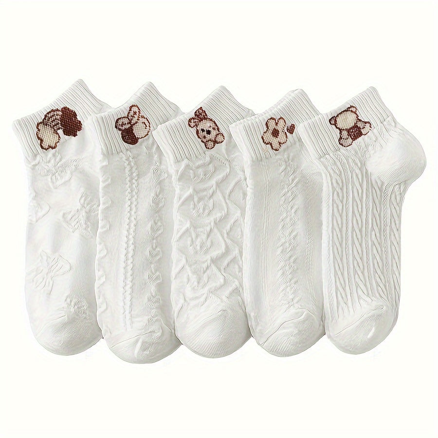 5 pairs of cute Japanese-style cartoon pattern short socks for women