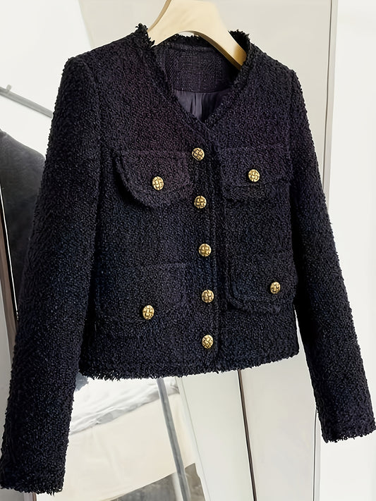 Textured V-neck coat in solid color for fall & winter, women's fashion.