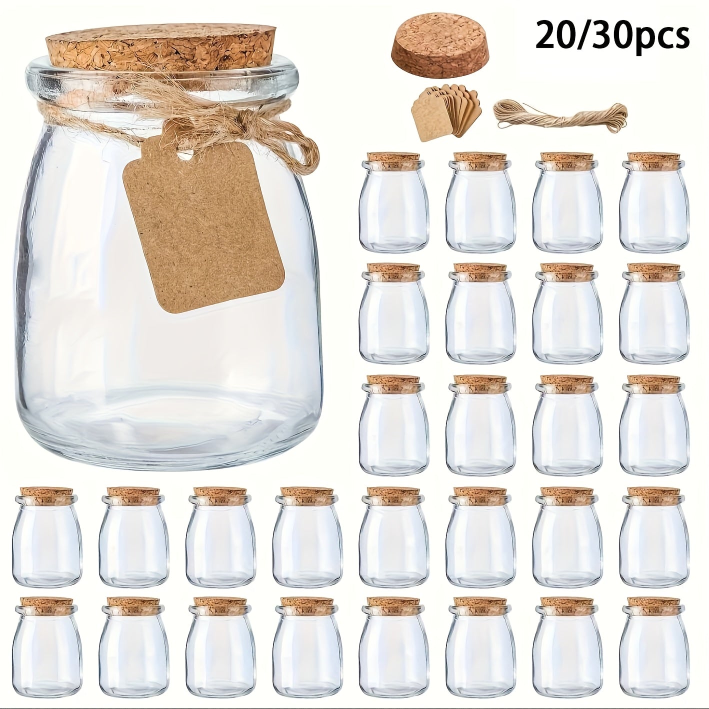 Set of 20 to 30 small glass jars with cork lids, 100ml capacity, perfect for storing yogurt, pudding, honey, and as wedding favors. Includes labels and twine for easy organization. Reusable and round containers.