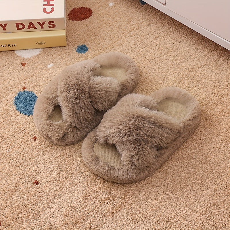 Unisex faux fur slippers with PVC sole, round toe, tasseled honey style for daily wear, suitable for 14 and under.