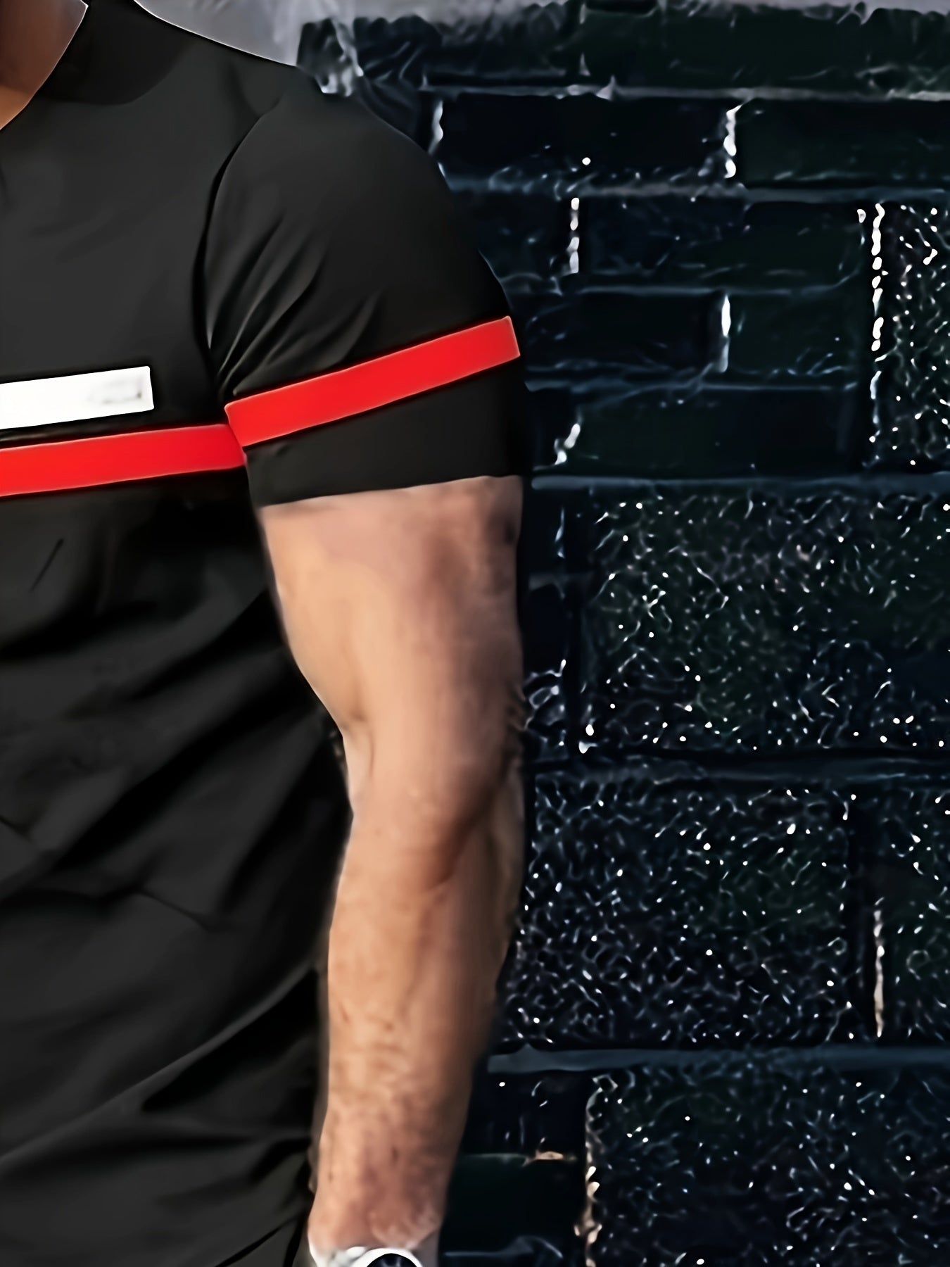 Men's summer athletic short sleeve tops & long pants set in striped polyester blend for a streetwear outfit.