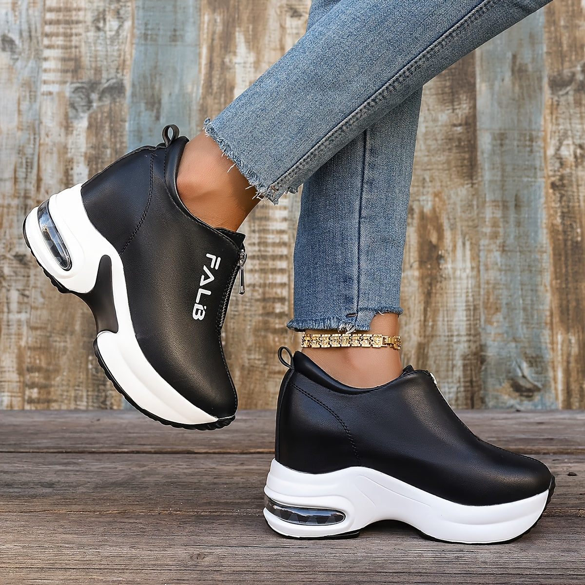 1 Pair Women's Fashion Sneakers with Air Cushion, Zipper Closure, Solid Color, Low Top, and Rubber Sole.