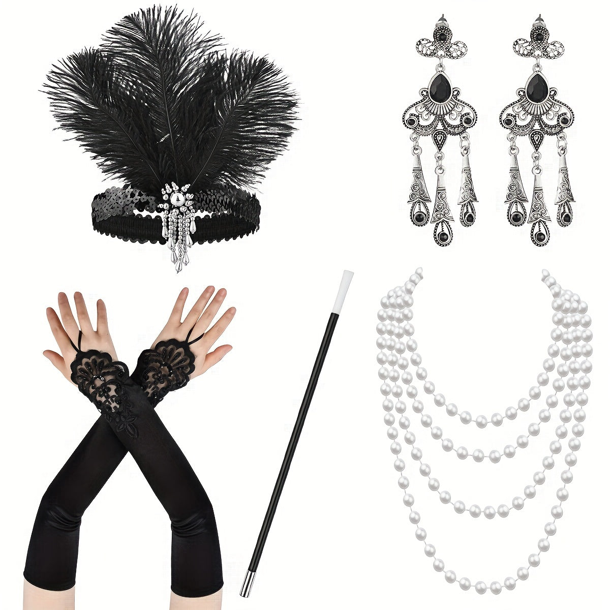 The Gatsby themed set includes a feather headband, gloves, cigarette holder, earrings, pearl necklace, single party makeup, dance Halloween carnival party lady skirt accessories, headwear, hand decoration, long pearl necklace, simulation pipe, and a