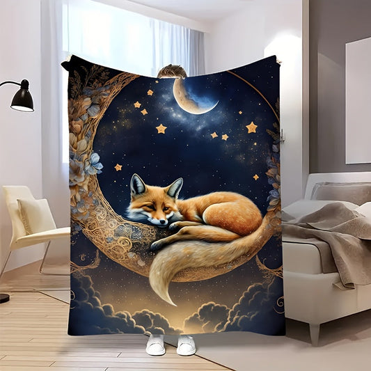 Retro Fox and Moon Design Flannel Throw Blanket that is Stain and Tear Resistant, Perfect for All Seasons. Made of Woven Polyester, Machine Washable and Versatile for Bedroom, Sofa, or Camping. Featuring an Animal Theme.