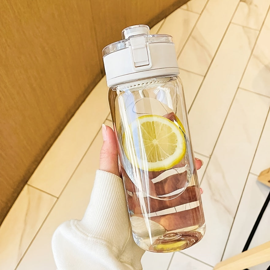 1 white sports water bottle with handle, tea strainer, and wide mouth. Available in 14oz, 20oz, or 27oz. Made of reusable plastic. Perfect for outdoor sports, biking, daily use, and as a gift for Valentine's Day or Ramadan.