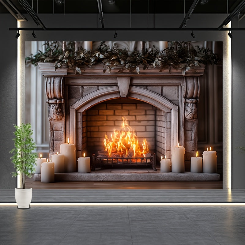 An authentic and inviting fireplace, complete with a backdrop of crackling firewood, perfect for enhancing living spaces, bedrooms, offices, party settings, and as a one-of-a-kind gift option.