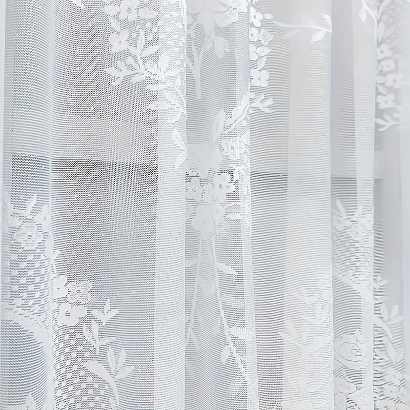 Add a touch of elegance with this American country style sheer curtain, featuring a floral lace half-curtain design with rod pocket. Made of semi-transparent polyester, this curtain is perfect for both kitchen and living room. Machine washable for easy