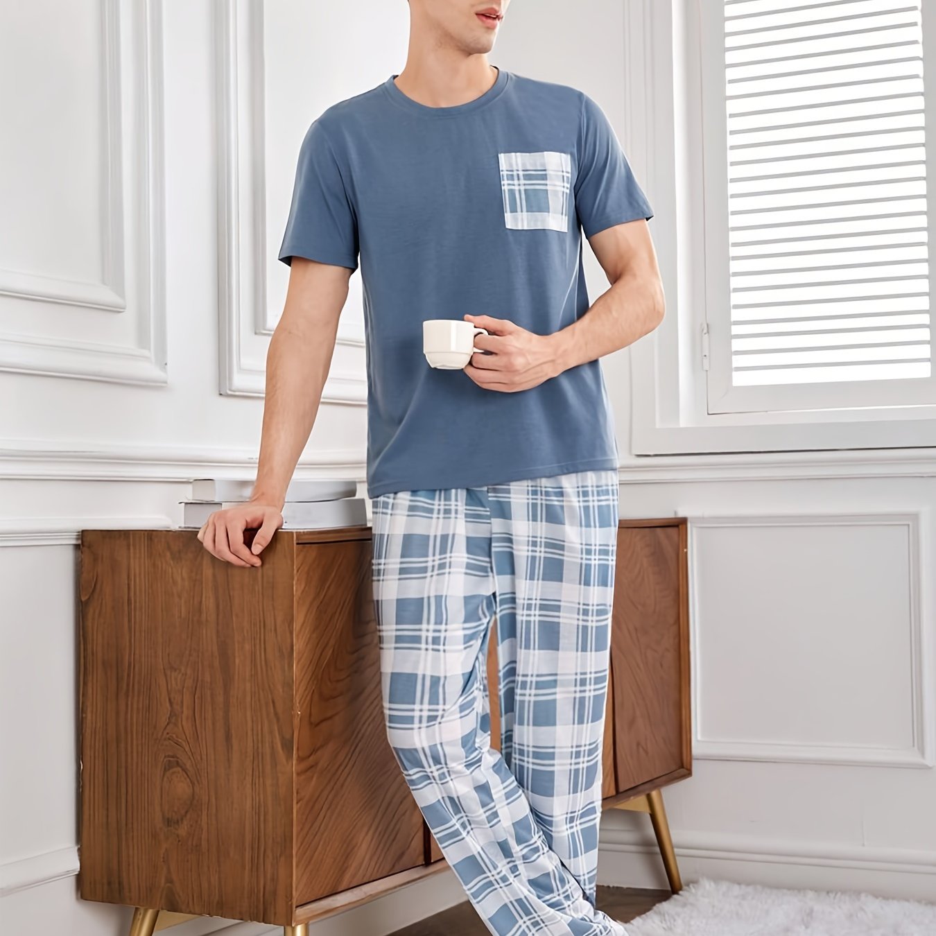 Men's Blue Short Sleeve Pajama Set with Pocket, Casual Round Neck, Stretch Knit, Plaid Pattern, All-Season, Home Wear, Polyester Fabric, Regular Fit, Pullover Shirt