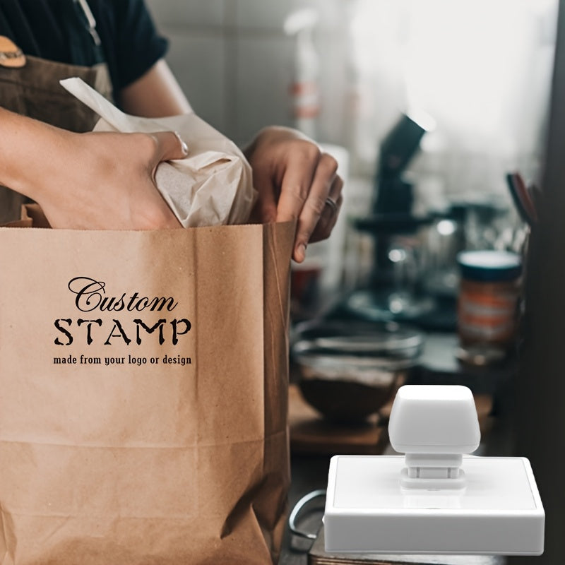 Large, personalized business stamp with custom logo and unique design, ideal for small businesses and office use. Made of ABS material with black ink.