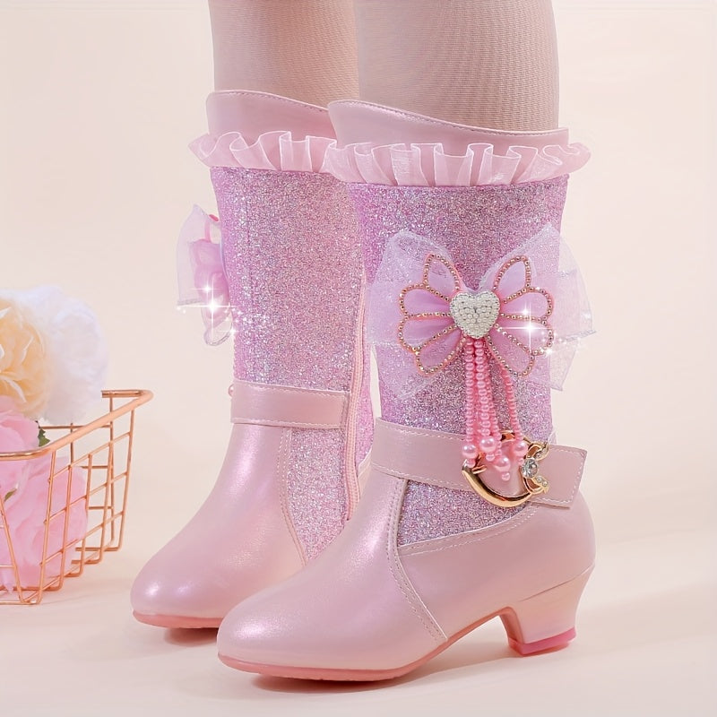 Princess boots for winter with velvet, snow, and bows.