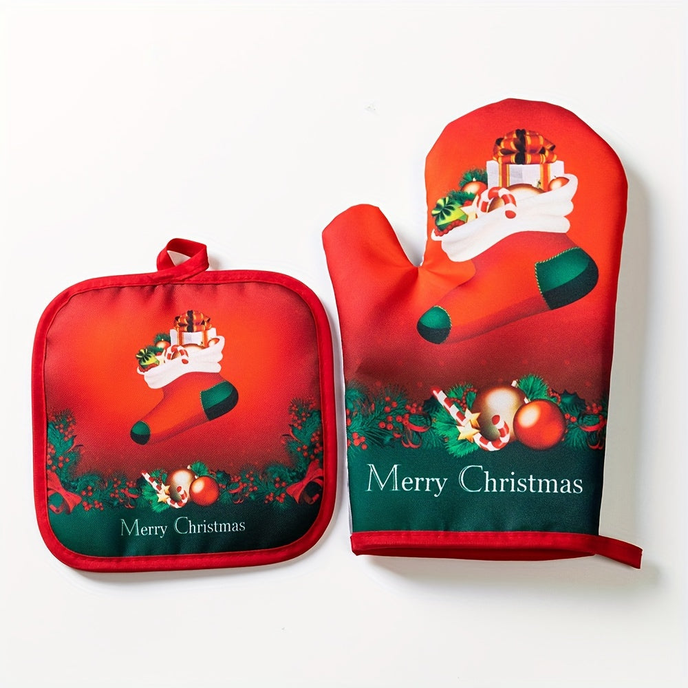 Set of 2 Christmas-themed kitchen oven mitts, made of thickened glass fiber gloves and heat-resistant pads. Perfect for festive cooking in the home kitchen, these accessories are non-food contact safe.