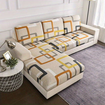 L-shaped sofa slipcover with geometric pattern, non-slip and elastic, perfect for protecting furniture in any room.