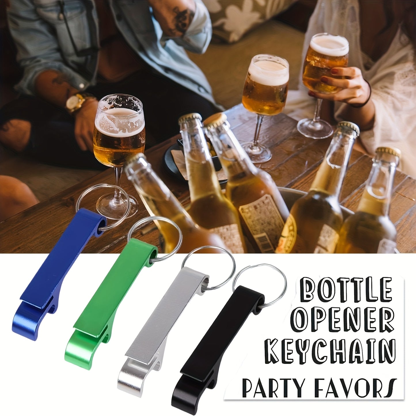 10 custom metal bottle opener keychains for parties and celebrations, durable for kitchen and restaurant use without batteries.