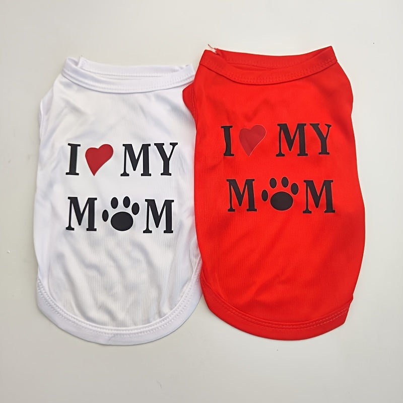 Pet T-Shirt Vest for Dogs and Cats with "I Love My Mom" Print, Made of Breathable Knitted Polyester for all Seasons, Available in Small to Large Sizes.