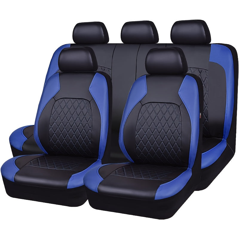 Universal 5-seater car seat cover with PU Leather diamond pattern, including full set of breathable synthetic PU Leather covers. Features airbag compatibility, zipper design, and fits all