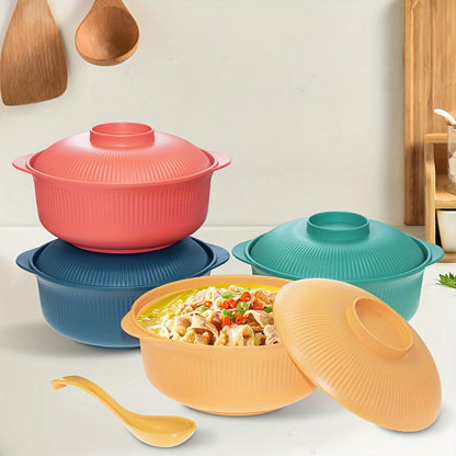 Large capacity plastic rice bowls set with lids and spoons, perfect for soup and noodles. Ideal for students, lunch, home, and restaurant use. 2-piece set, dishwasher safe.