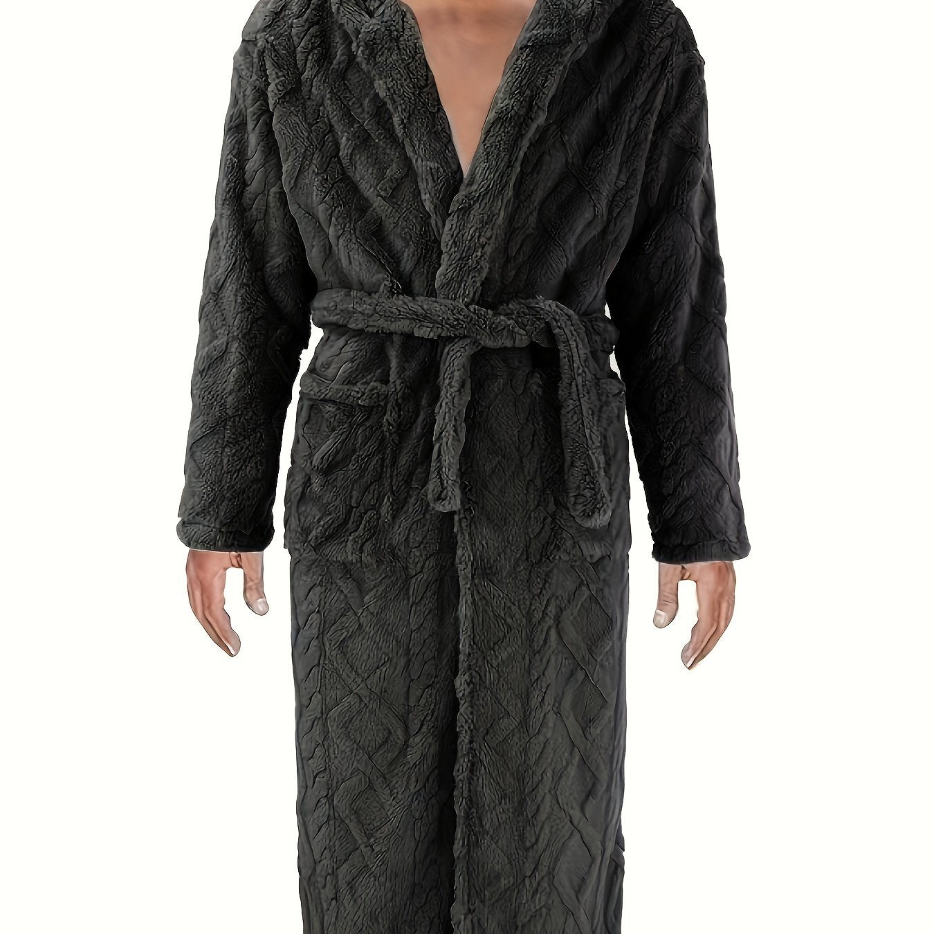 Men's over-the-knee bathrobe with thick fleece, V-neck, and blue quilted design for winter comfort.