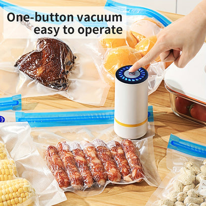 The set includes three sizes of food vacuum storage bags (4 pieces of 21.59 cm x 20.32 cm, 3 pieces of 27.94 cm x 25.4 cm, and 3 pieces of 34.29 cm x 25.4 cm) along with a handheld electric vacuum machine. Additionally, there are vacuum-sealed zipper