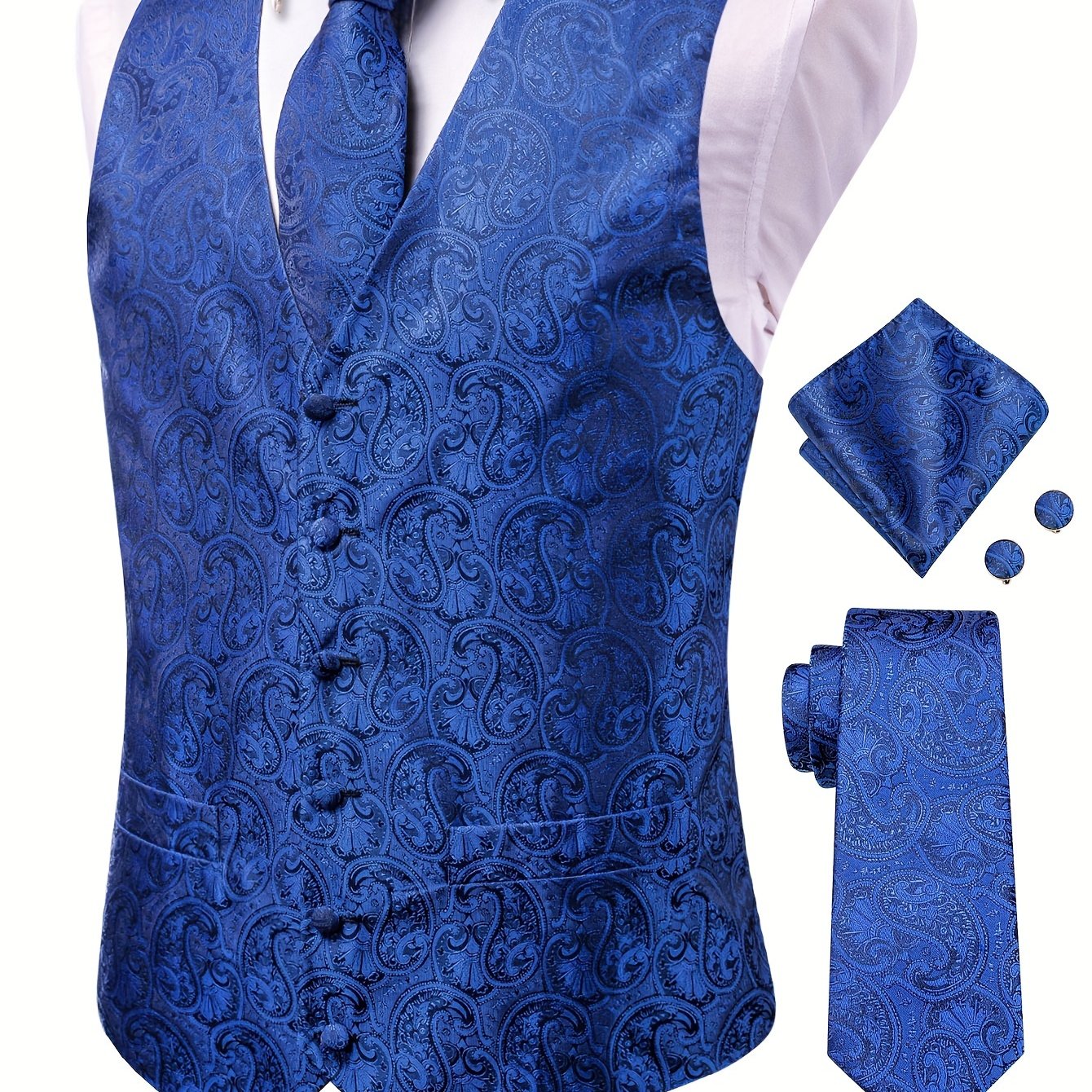 Set of 4 Plus Size Men's Paisley Vest with Necktie, Hanky, Cufflinks for Business, Wedding, Party