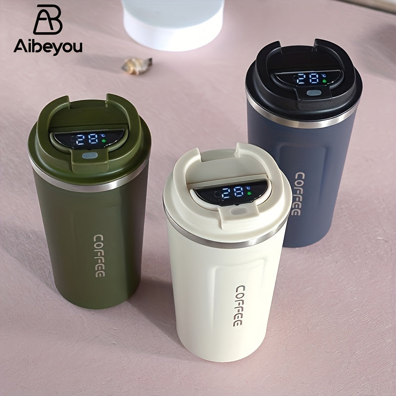 17oz Insulated Coffee Pot with Smart Temperature Display, made of 304 Stainless Steel. Ideal for outdoor activities, driving, camping, and as a birthday gift.