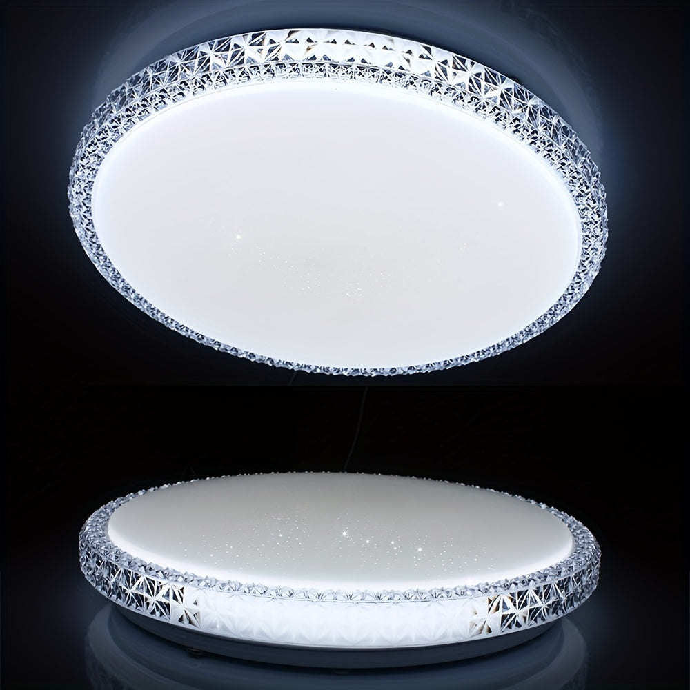 Contemporary 13" LED ceiling light in daylight white 6000K, with polished metal flush mount and acrylic shade. Hard-wired with switch control for kitchen, bedroom, stairwell. No batteries needed.