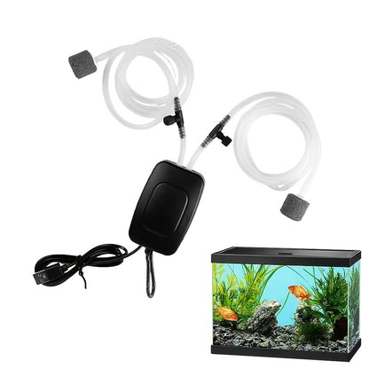 USB-Powered portable aquarium air pump for fish tanks, with dual adjustable holes for high-efficiency oxygenation.