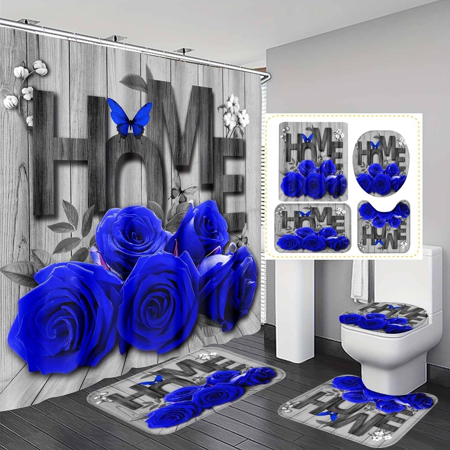 1 Romantic Rose and Butterfly polyester bathroom set includes a water-resistant floral shower curtain with 12 hooks, non-slip mats, a U-shaped bath rug, and round toilet lid cover. Machine washable and perfect for all-season home decor.