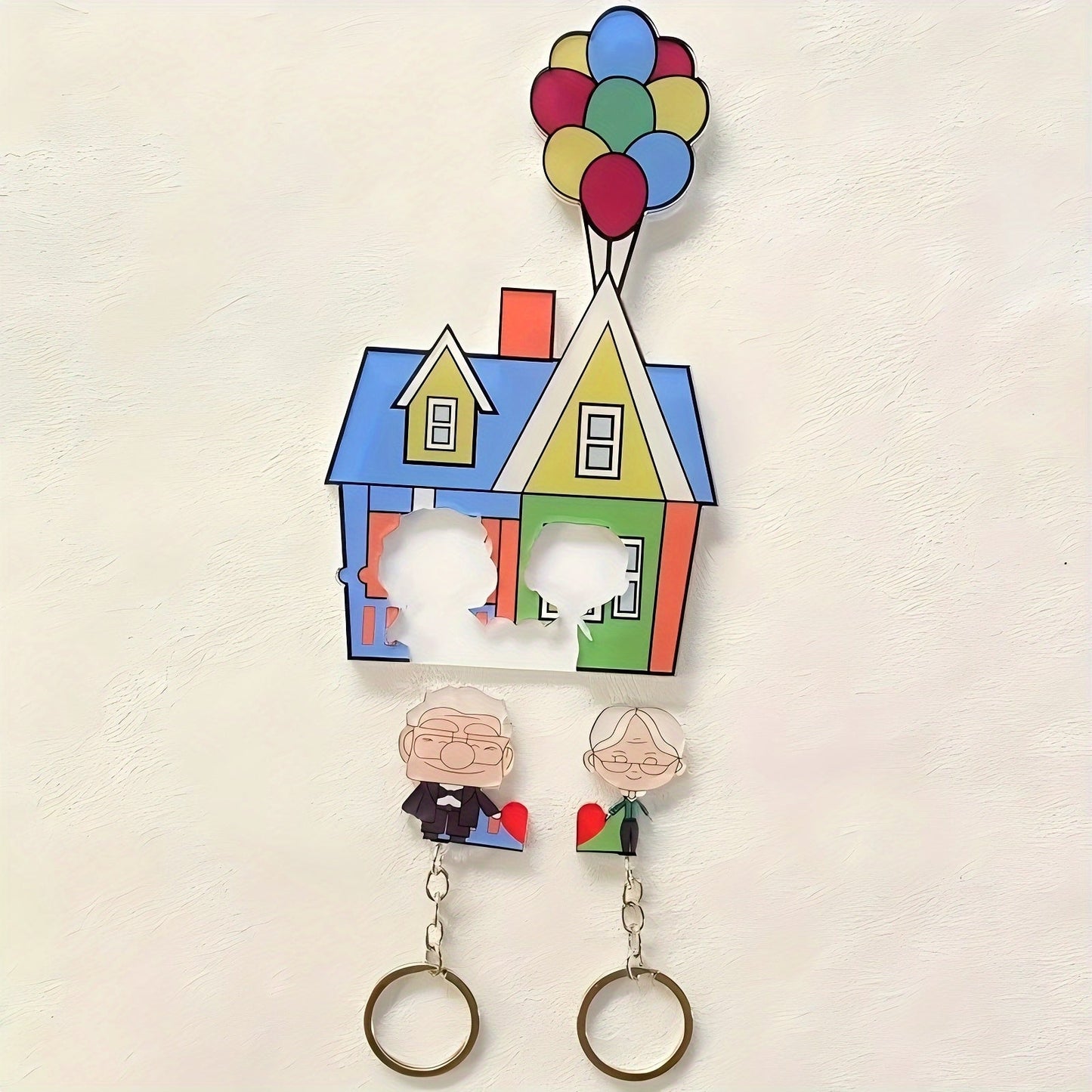 A romantic couple keychain set featuring acrylic keyrings with a self-adhesive back and heart pendant. This perfect gift for newlyweds and lovers is a Christmas novelty accessory for women, themed around friendship and love. The keychains are rectangular