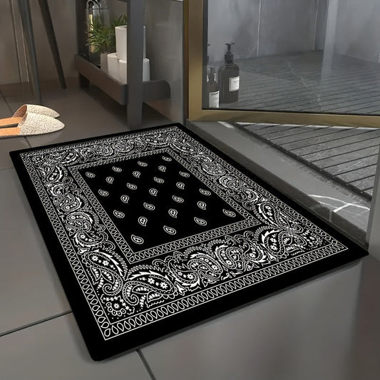 Vintage Black Cashew Flower Hip Hop Style Area Rug, Perfect Carpet with Exquisite Textures for Living Room and Sofa Decoration. This Anti-slip Rug is Machine Washable and a Suitable Household Item for Kitchen, Bathroom, and Living Room Use.